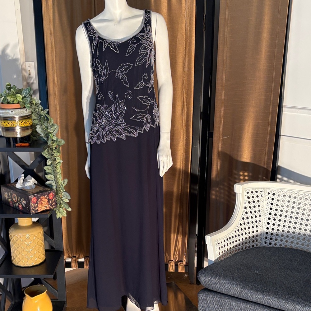 Elegant Navy Blue Evening Gown with Sheer Beaded Bodice